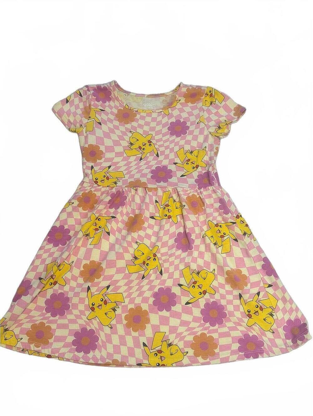 POKEMON | Girls Pikachu Cotton Blend Dress Checkered Floral Size Medium 8